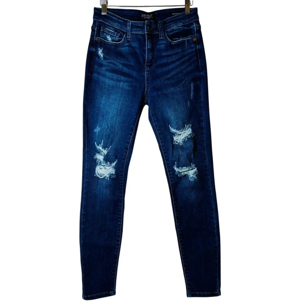 *NWOT* Judy Blue Skinny Jeans Womens 7/28 Dark Wash‎ Distressed High Rise Denim